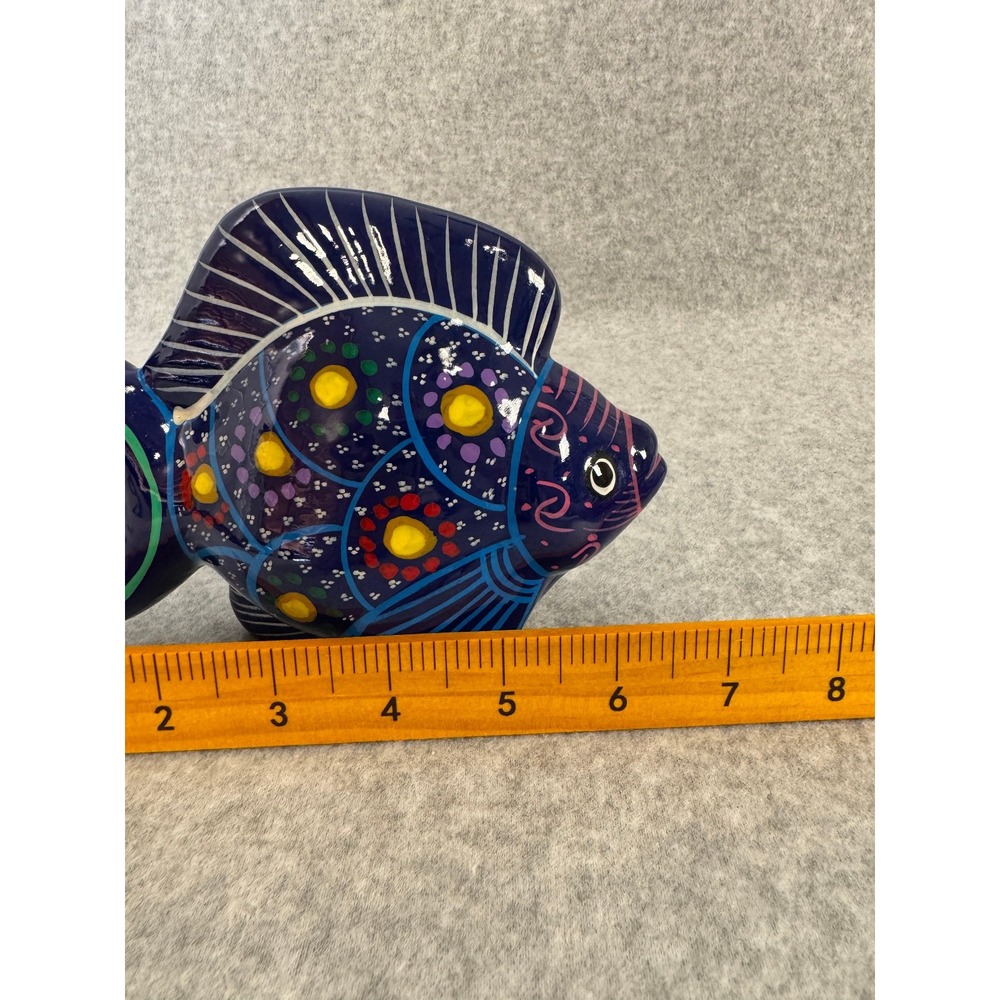 Mexican Pottery Fish Sculpture Hand Painted Terra Cotta Folk Art Cobalt Blue - Picture 8 of 8